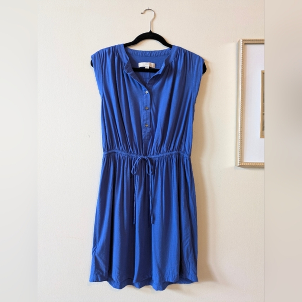 LOFT Blue Violet Ruched Tie Front Midi Sundress, Sz. Medium